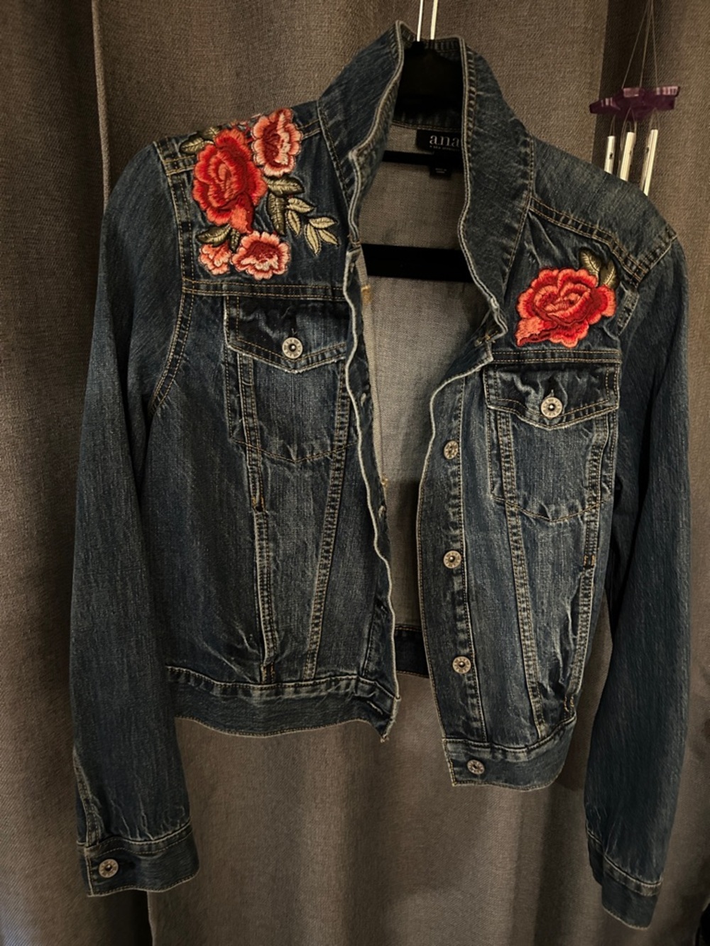 a.n.a Dark Blue Denim Jacket with Red Rose Embroidery